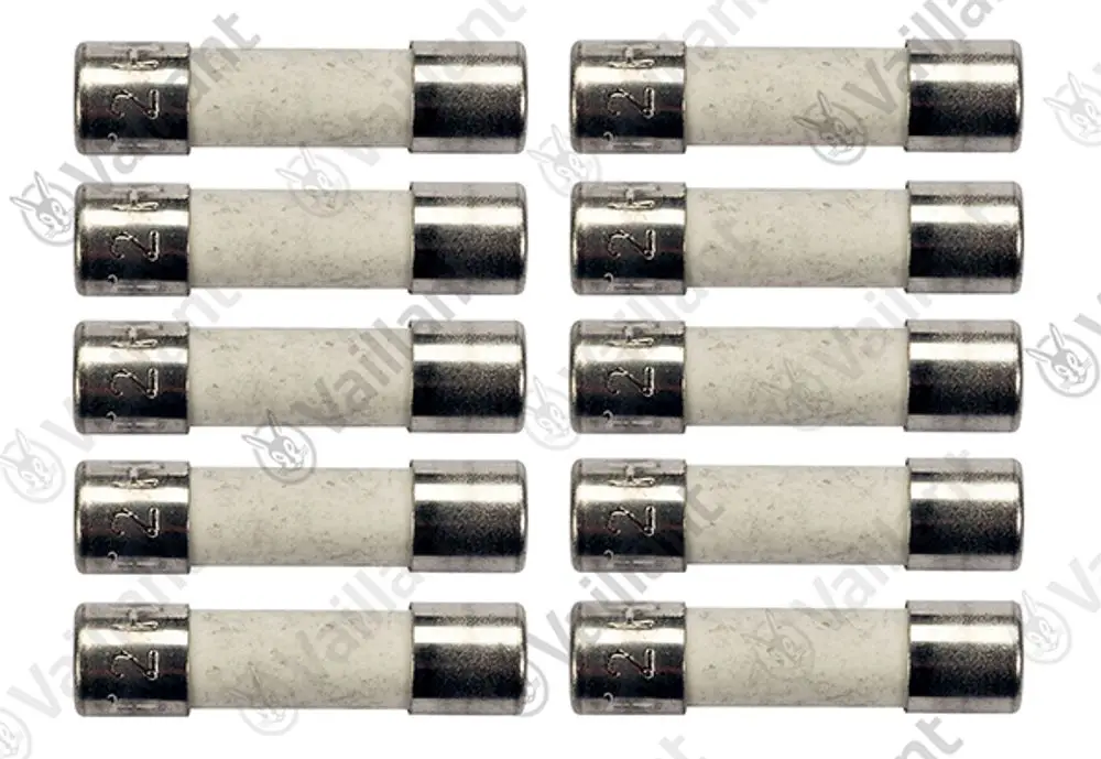 Vaillant Sicherungen, in Reihen angeordnet, mit metallischen Enden und einem weißen, zylindrischen Körper. Zehn Stück auf dem Bild dargestellt.